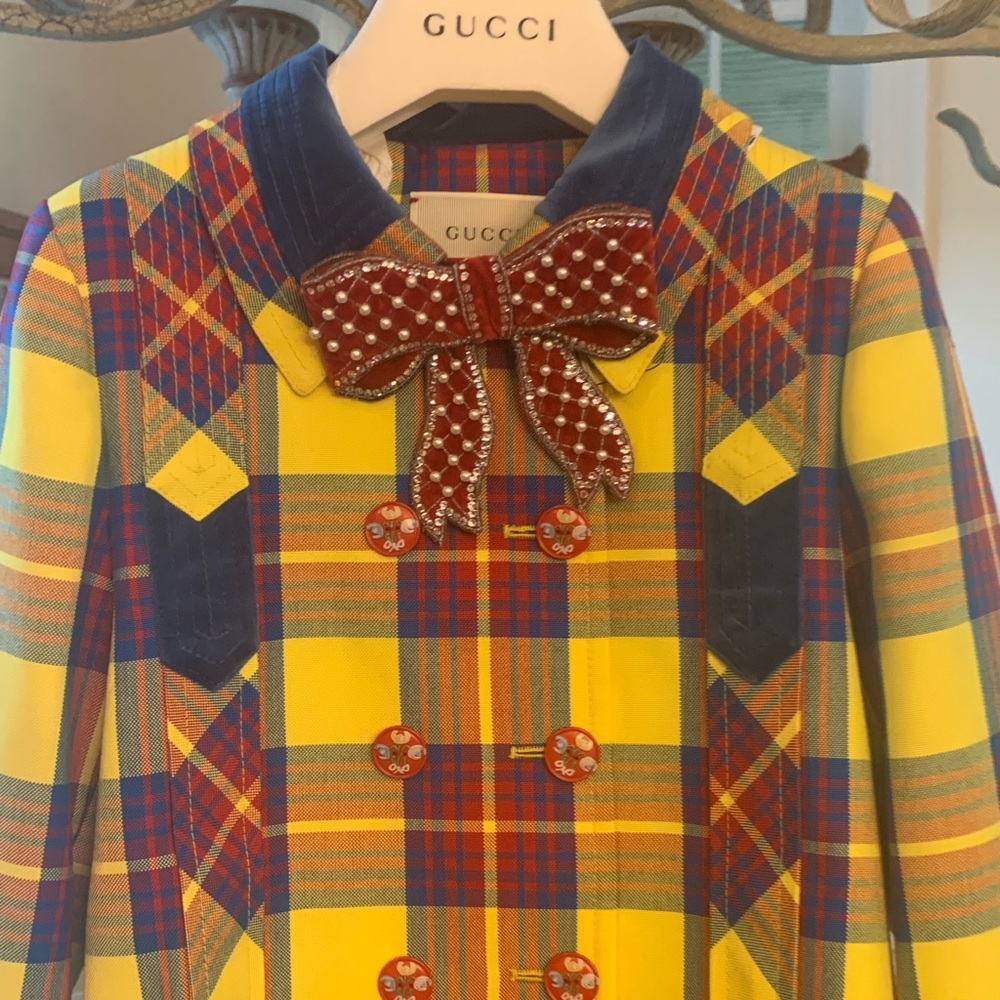 { Gucci } Checkered Plaid Acid Yellow Peacoat Girl - Picture 5 of 8